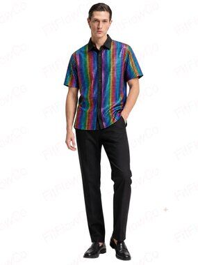 JOGAL Men's XL Holographic Rainbow Disco Rave Party Button Down Shirt